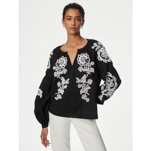 Womens Pure Cotton Embroidered Puff Sleeve Blouse - - M&S Collection - Modalova