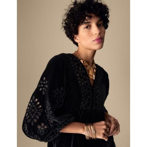 Womens Velvet Broderie V-Neck Blouse - - Per Una - Modalova