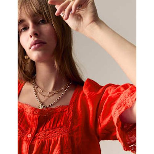 Womens Cotton Rich Square Neck Lace Detail Puff Sleeve Blouse - Per Una - Modalova