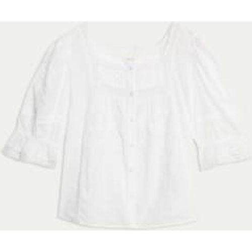 Womens Cotton Rich Square Neck Lace Detail Puff Sleeve Blouse - - Per Una - Modalova