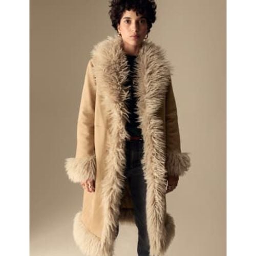 Womens Suedette Faux Fur Trim Longline Coat - - Per Una - Modalova