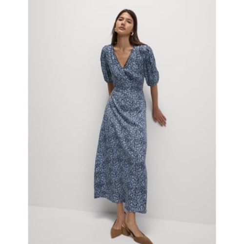 Womens Printed V-Neck Puff Sleeve Midi Tea Dress - - M&S Collection - Modalova