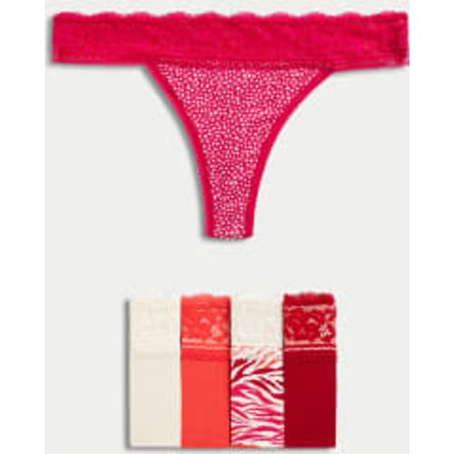 Womens 5pk Cotton & Lace Printed Thongs - - M&S Collection - Modalova