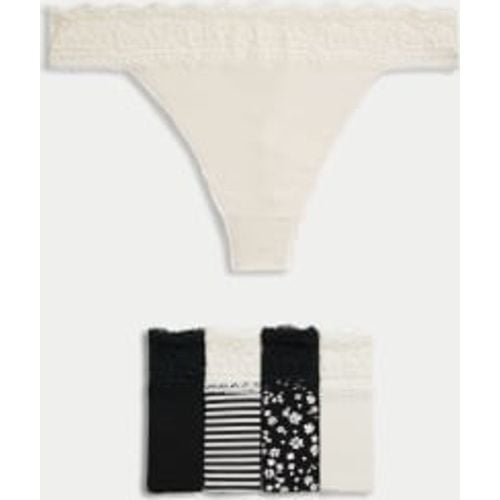 Womens 5pk Cotton & Lace Printed Thongs - - M&S Collection - Modalova