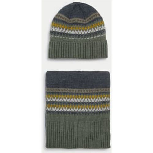 Mens Fair Isle Knitted Hat and Scarf Set - - M&S Collection - Modalova