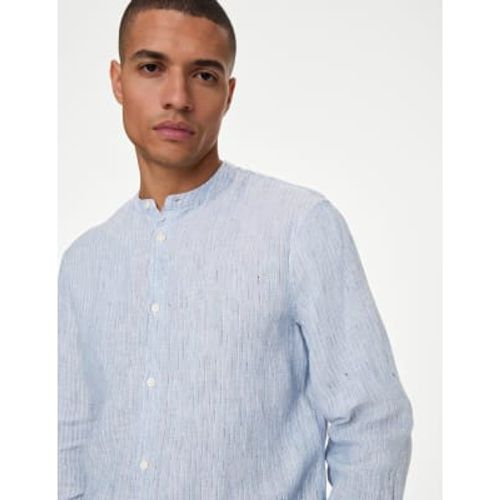 Mens Pure Linen Striped Grandad Collar Shirt - - M&S Collection - Modalova