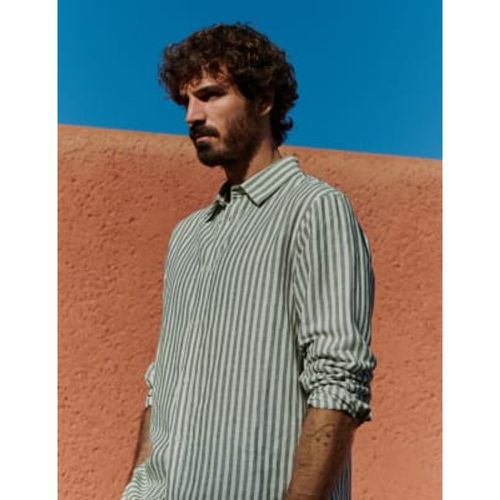 Mens Easy Iron Cotton Linen Blend Striped Shirt - - M&S Collection - Modalova