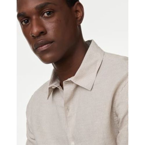 Mens Cotton Linen Blend Fine Stripe Shirt - - M&S Collection - Modalova