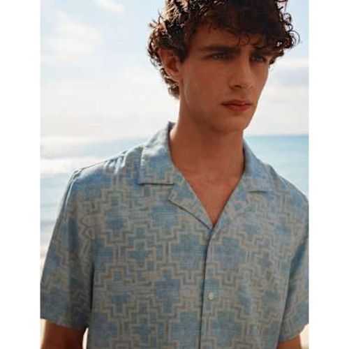 Mens Linen Blend Geometric Print Short Sleeve Shirt - M&S Collection - Modalova