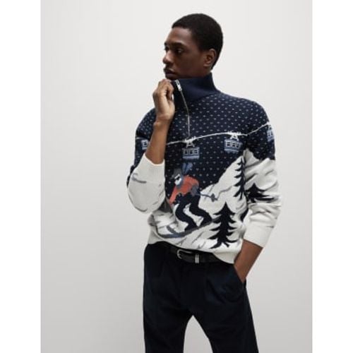 Mens Pure Cotton Half Zip Christmas Jumper - - M&S Collection - Modalova