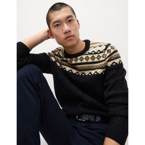 Mens Fair Isle Cable Knit Crew Neck Jumper - - M&S Collection - Modalova