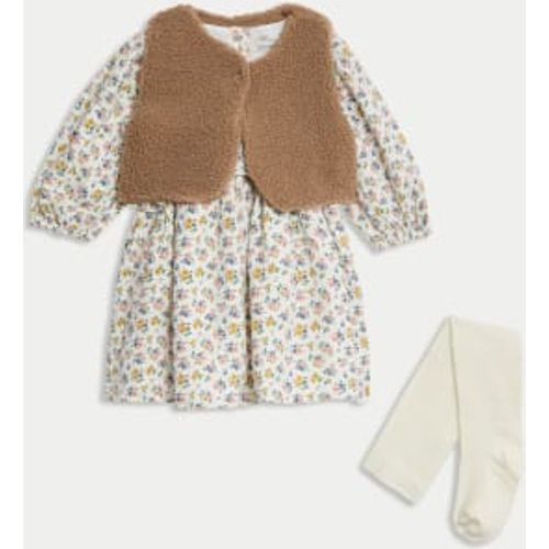 Girls 3pc Cotton Rich Floral Dress Gilet and Tights (0-3 Yrs) - - M&S Collection - Modalova