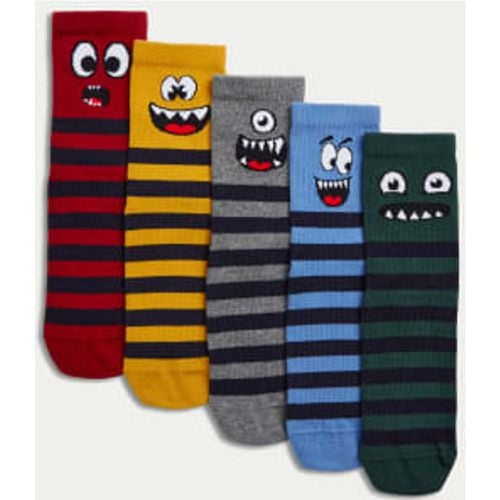 Boys 5pk Cotton Rich Monster Stripe Socks (6 Small - 7 Large) - - M&S Collection - Modalova