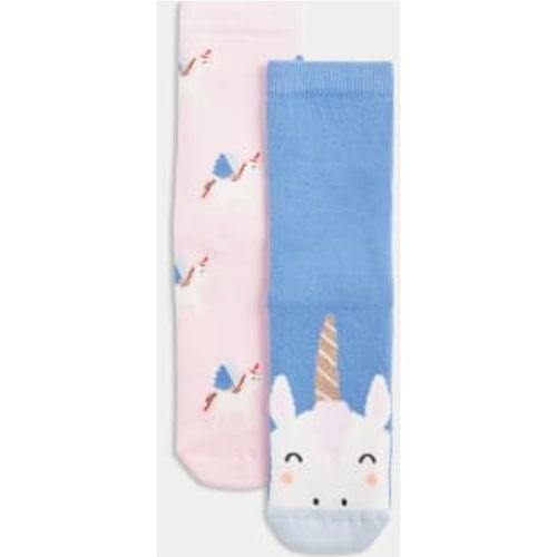 Girls 2pk Cotton Rich Terry Unicorn Slipper Socks (6 Small - 7 Large) - - M&S Collection - Modalova