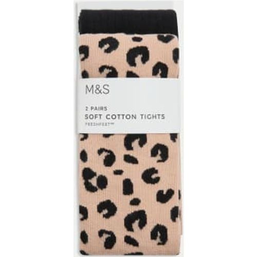 Girls 2pk Cotton Rich Leopard Ribbed Tights (2-14 Yrs) - - M&S Collection - Modalova