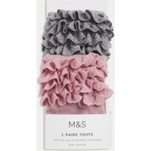 Girls 2pk Cotton Rich Frilly Tights (0-24 Mths) - - M&S Collection - Modalova