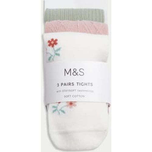 Girls 3pk Cotton Rich Floral & Ribbed Tights (0-3 Yrs) - - M&S Collection - Modalova