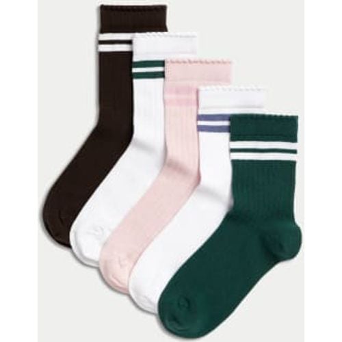 Girls 5pk Cotton Rich Striped Sports Ribbed Socks (6 Small - 7 Large) - - M&S Collection - Modalova