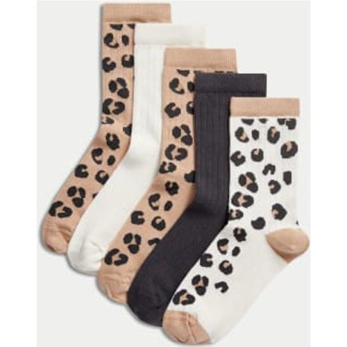 Girls 5pk Cotton Rich Leopard Ribbed Socks (6 Small - 7 Large) - - M&S Collection - Modalova