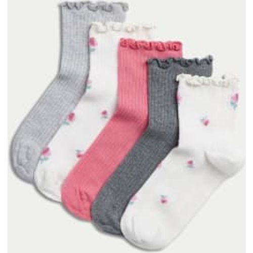 Girls 5pk Cotton Rich Floral Ribbed Ankle Socks (6 Small - 7 Large) - - M&S Collection - Modalova