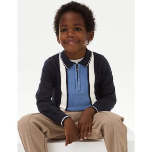 Boys Pure Cotton Striped Knitted Zip Polo Shirt (2-8 Yrs) - - M&S Collection - Modalova