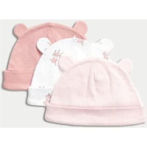 Girls 3pk Pure Cotton Floral Hats (0-1 Yrs) - - M&S Collection - Modalova