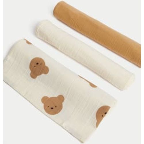 Unisex,Boys,Girls 3pk Pure Cotton Bear Muslin Squares - - M&S Collection - Modalova