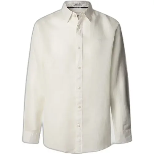 Camicia in lino e cotone- Taglio regolare- Maniche lunghe- Collo classico- Colore uniforme- Logo PEPE JEANS ricamato sul petto- Logo stampato all'inte - MAG10271849 - Modalova