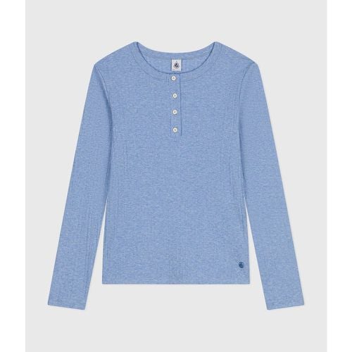 Cotton Ribbed T-Shirt with Grandad Collar and Long Sleeves - PETIT BATEAU - Modalova