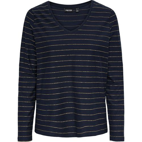 Striped Cotton Mix T-Shirt with V-Neck and Long Sleeves - Pieces - Modalova