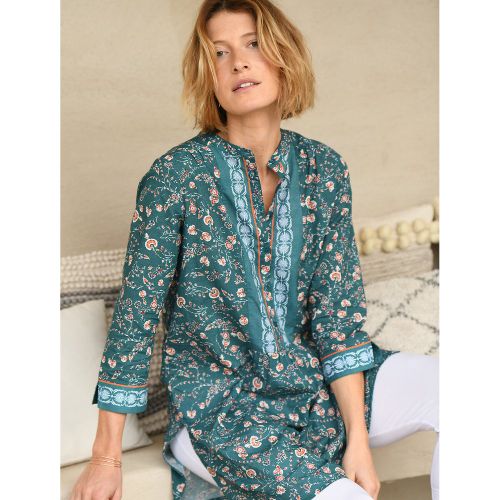 Floral Cotton Tunic with Grandad Collar and 3/4 Length Sleeves - Anne weyburn - Modalova