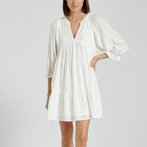 Cotton Mix Tiered Mini Dress with V-Neck and Ruffles - SEE U SOON - Modalova