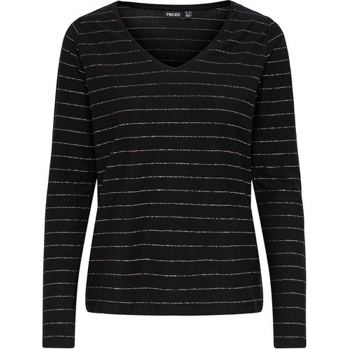 Striped Cotton Mix T-Shirt with V-Neck and Long Sleeves - Pieces - Modalova