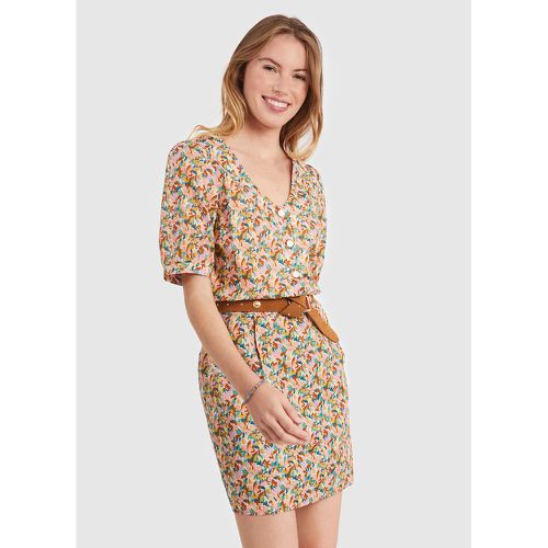Floral Cotton Mini Dress with V-Neck and Short Sleeves - ICODE - Modalova