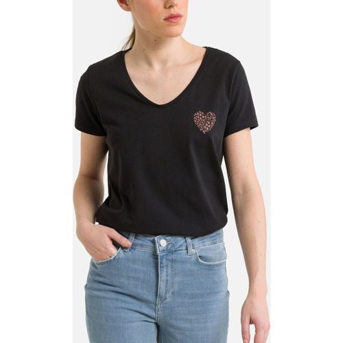 Heart Print Cotton T-Shirt with V-Neck - Pieces - Modalova