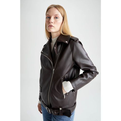 Oversized Long Sleeve Faux Leather Jacket - DeFacto - Modalova