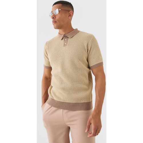 Regular Fit Ribbed Open Stitch Contrast Polo In Taupe - boohoo - Modalova