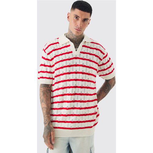 Polo Tall Oversize De Manga Corta Y Punto Croché Con Rayas Rojas - boohoo - Modalova