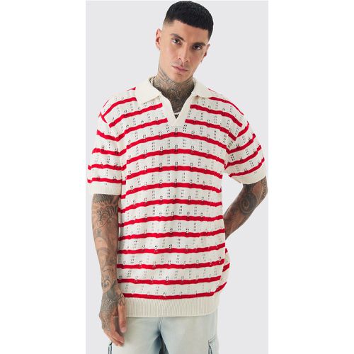 Tall Short Sleeve Oversized Crochet Knit Stripe Polo In Red - boohoo - Modalova