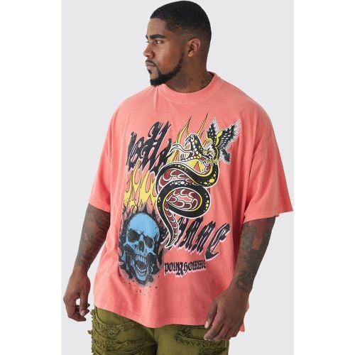 T-shirt Plus Size Homme color corallo con stampa Doodle e teschio - boohoo - Modalova