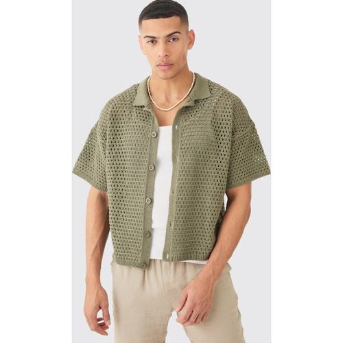 Camicia squadrata oversize in maglia traforata color kaki con trama in rilievo - boohoo - Modalova