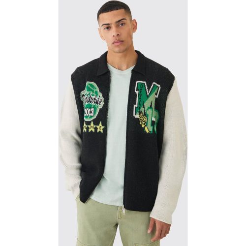 Giacca Harrington oversize in maglia nera stile Varsity - boohoo - Modalova