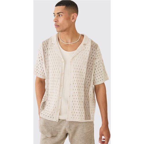 Camicia squadrata oversize in maglia a righe traforate color ecru - boohoo - Modalova