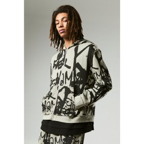 Felpa squadrata oversize con stampa stile Graffiti, zip e cappuccio con rovescio a ricci - boohoo - Modalova