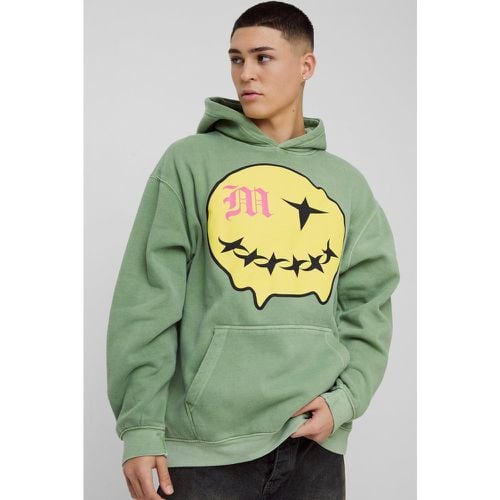 Sudadera Oversize Desteñida Con Capucha Y Estampado Gráfico De Smiley En Relieve - boohoo - Modalova