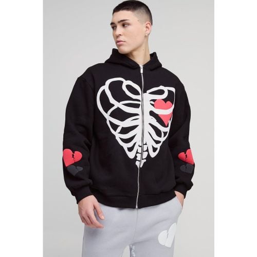 Sudadera Oversize Con Capucha, Cremallera Y Estampado De Corazón Y Esqueleto En Relieve - boohoo - Modalova