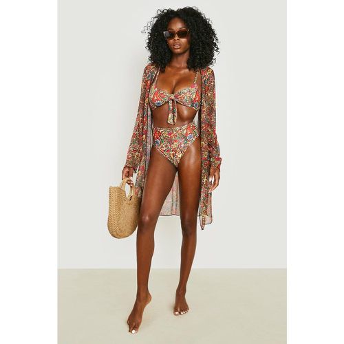 Set da mare in 3 pezzi - bikini & kimono in fantasia cachemire e leopardata con laccetti - boohoo - Modalova