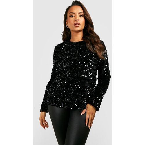 Top Plus Size a maniche lunghe con paillettes e volant sul fondo - boohoo - Modalova