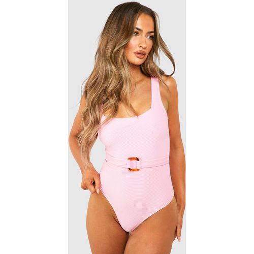 Costume intero a coste con scollo quadrato e coulisse - boohoo - Modalova