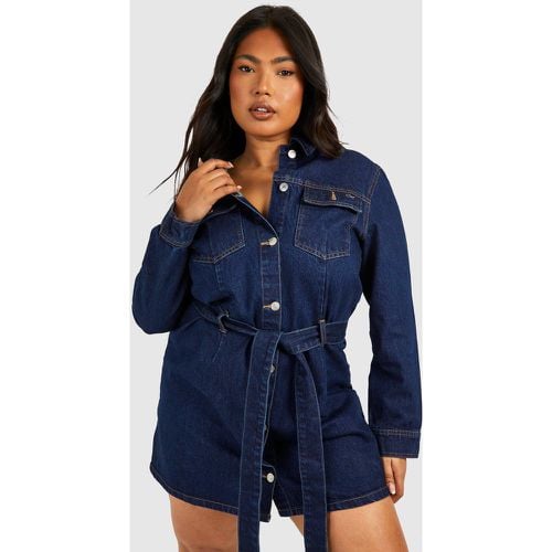 Vestito a trapezio Plus Size in denim con laccetti in vita - boohoo - Modalova